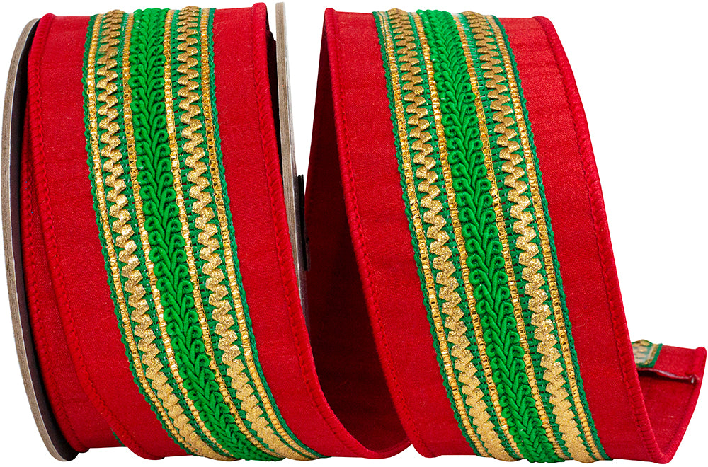 Red Green 2-1 2 Inch Regal Stripe Green Trimming Dupioni Deluxe Wired Edge Ribbon for Wreaths & Bows