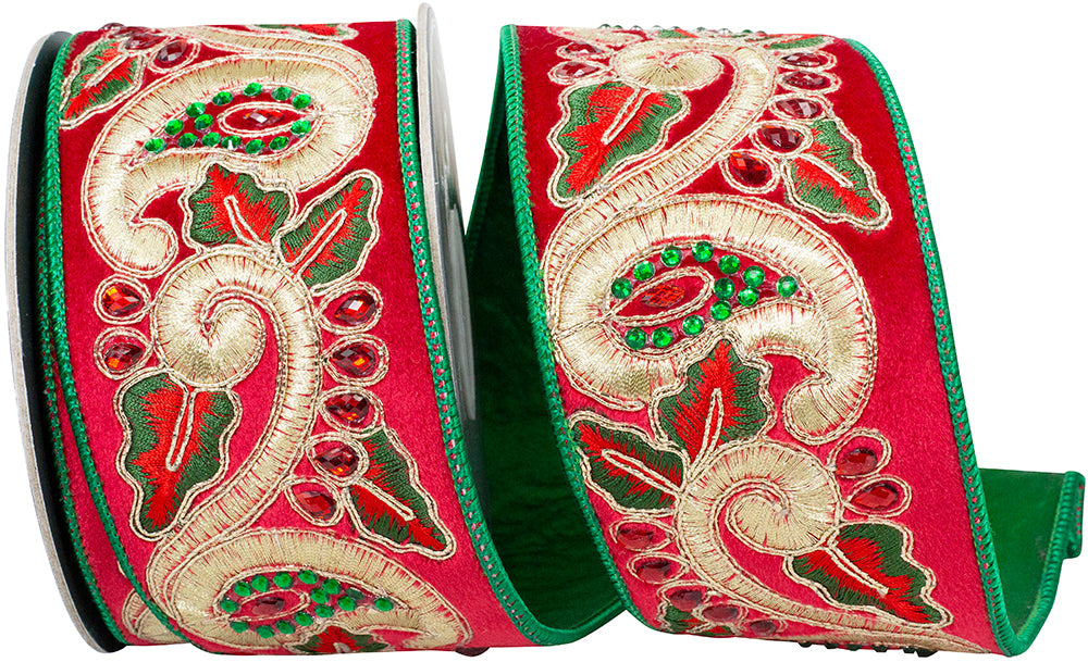 Red Green 2-1 2 Inch Paisley Embroidery Jewel Velvet Deluxe Satin Backed Wired Edge Ribbon for Wreaths & Bows