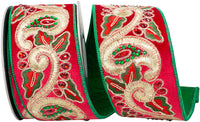 Red Green 2-1 2 Inch Paisley Embroidery Jewel Velvet Deluxe Satin Backed Wired Edge Ribbon for Wreaths & Bows