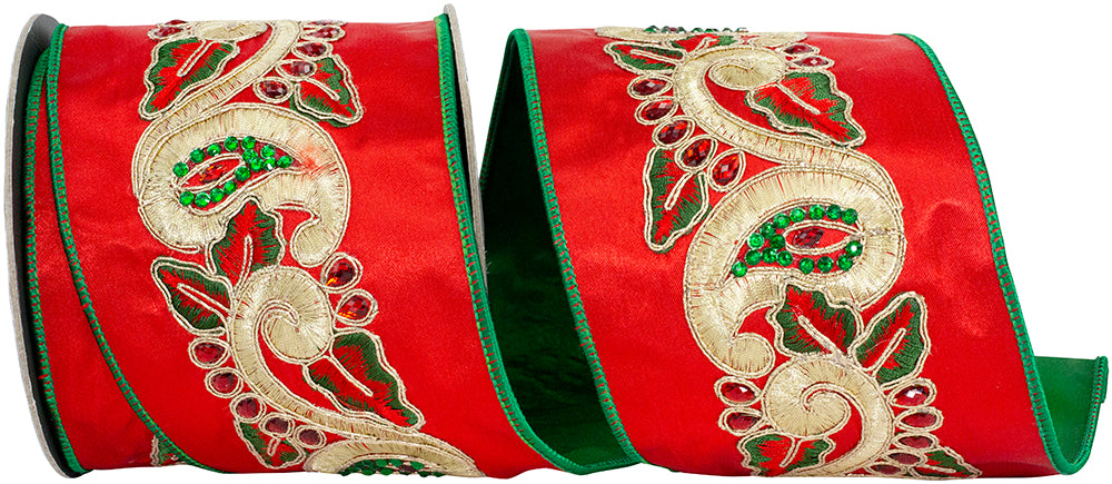 Red Green 4 Inch Paisley Embroidery Jewel Deluxe Satin Backed Wired Edge Ribbon for Wreaths & Bows