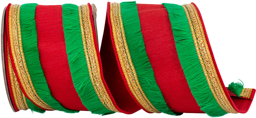 Red Green 4 Inch Dupioni Green Trimming Fringe Color Deluxe Wired Edge Ribbon for Wreaths & Bows