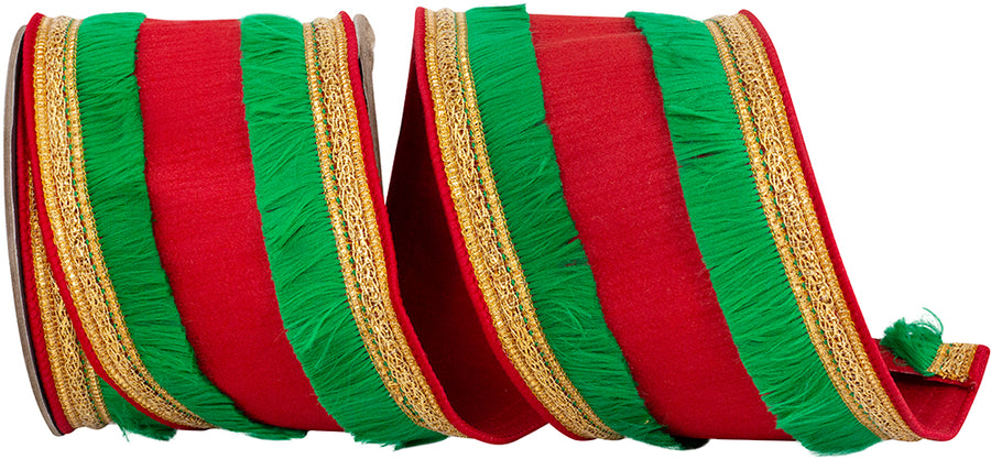 Red Green 4 Inch Dupioni Green Trimming Fringe Color Deluxe Wired Edge Ribbon for Wreaths & Bows