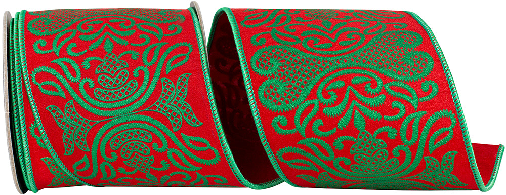 Red Green 4 Inch Regal Filigree Printed Christmas Dupioni Wired Edge Ribbon for Wreaths & Bows
