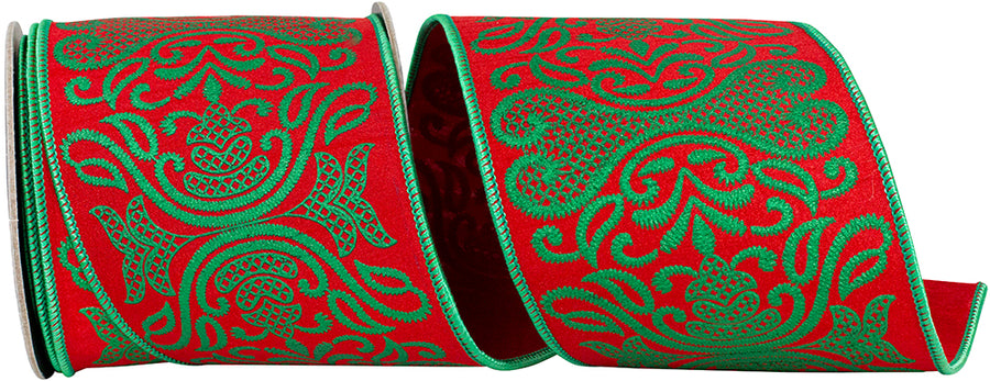 Red Green 4 Inch Regal Filigree Printed Christmas Dupioni Wired Edge Ribbon for Wreaths & Bows