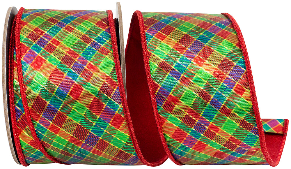 Red Wired Edge Plaid Metallic Ribbon 2-1/2 Inch Multi