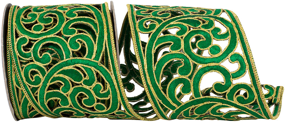 Holiday 4 Inch Embroidery Holiday Green Cutout Opulence Wired Edge Ribbon for Wreaths & Bows