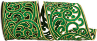 Holiday 4 Inch Embroidery Holiday Green Cutout Opulence Wired Edge Ribbon for Wreaths & Bows