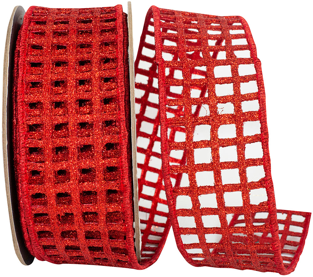 Red Open Mesh Glitter Deluxe Wired Edge Ribbon 2-1/2 Inch