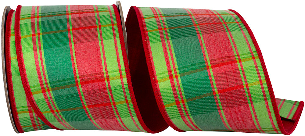 Plaid Jumbo Tradition Ribbon Red Green 4 Inch Dupioni Wired Edge