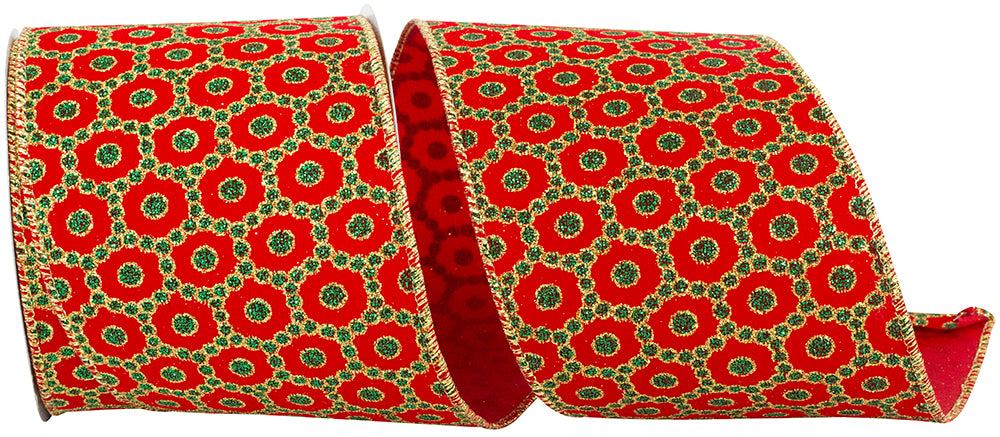 Red Green 4 Inch Roccoco Christmas Wired Edge Ribbon for Wreaths & Bows