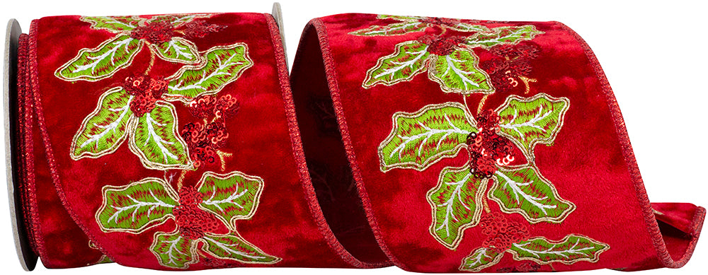 Holly Sequin Embroidery Velvet Ribbon Red Green 4 Inch