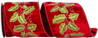 Holly Sequin Embroidery Velvet Ribbon Red Green 4 Inch