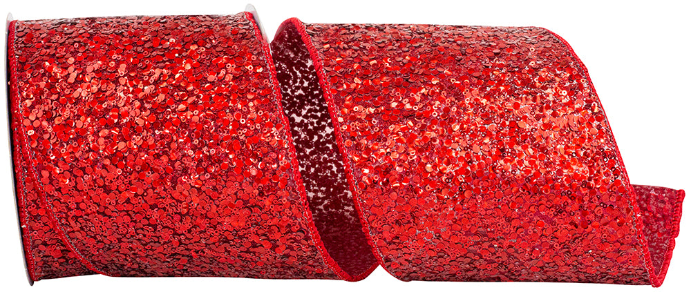 Red 4 Inch Wired Edge Sequin Glitter Ribbon for Bows
