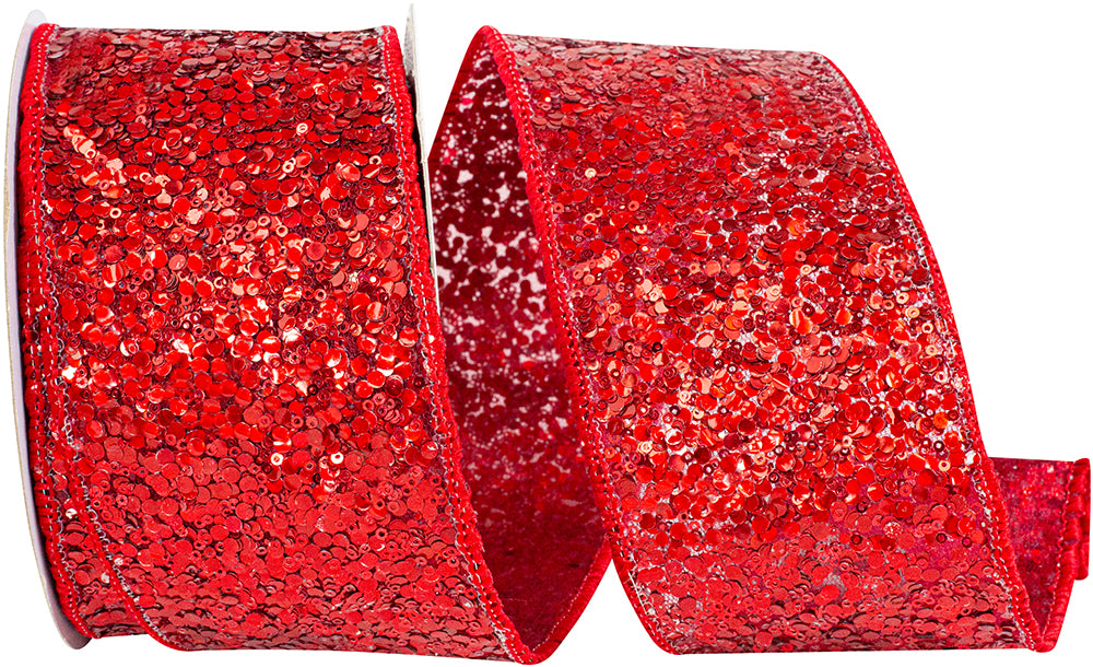 Red Sequin Glitter Wired Edge Ribbon 2-1/2 Inch for Bows
