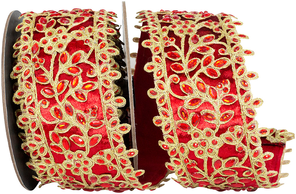 Red Gold 2-1 2 Inch Jewel Embroidery Red Opulence Deluxe Dupioni Backed Wired Edge Ribbon for Wreaths & Bows