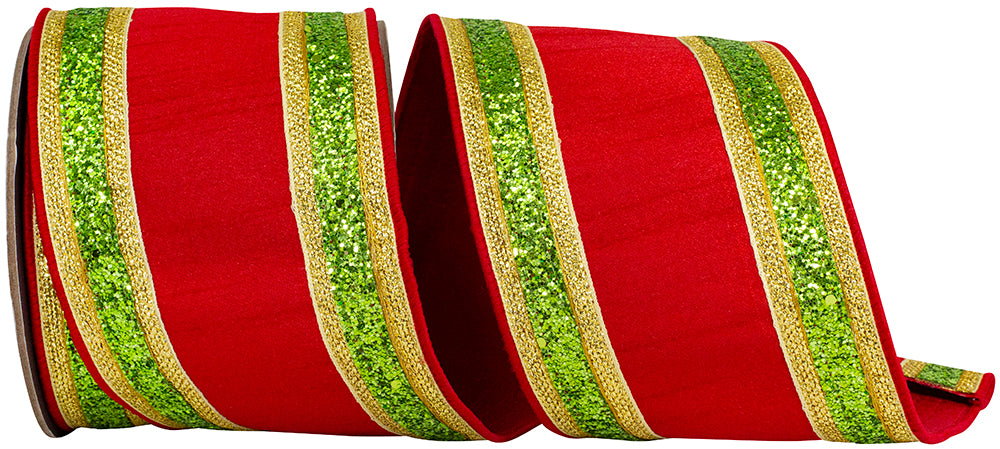 4 Inch Red Green Dupioni Glitter Wired Edge Ribbon