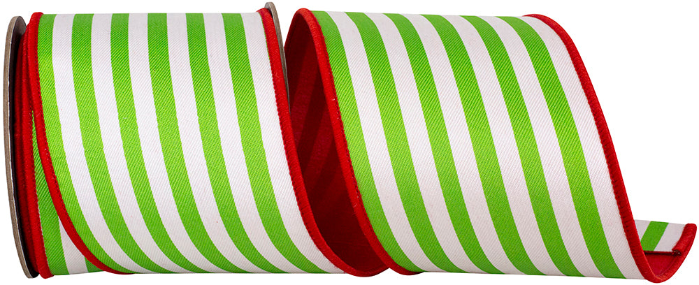 Red Green 4 Inch Stripe Vertical Twill Deluxe Red Dupioni Backed Wired Edge Ribbon for Wreaths & Bows