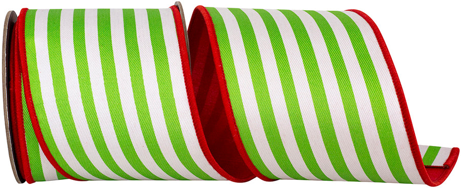 Red Green 4 Inch Stripe Vertical Twill Deluxe Red Dupioni Backed Wired Edge Ribbon for Wreaths & Bows