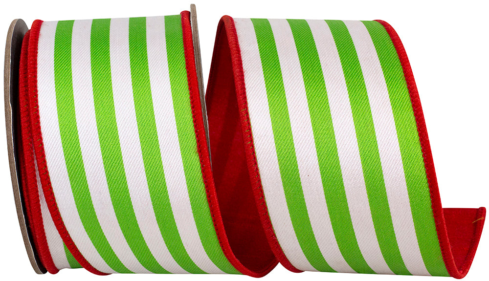 Red Green 2-1 2 Inch Stripe Vertical Twill Deluxe Red Dupioni Backed Wired Edge Ribbon for Wreaths & Bows