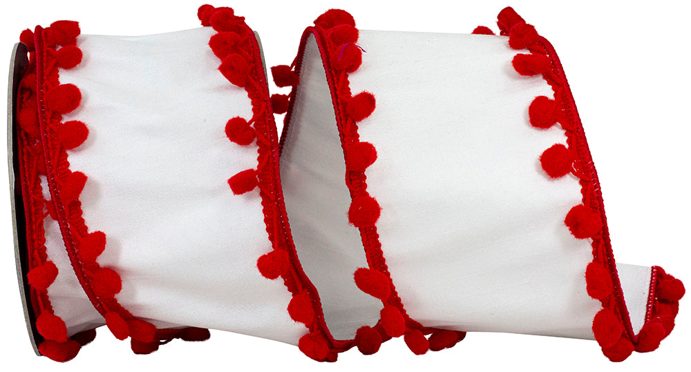 White Red 4 Inch Pom Pom Edge Trimming Dupioni Deluxe Wired Edge Ribbon for Wreaths & Bows