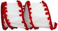 White Red 4 Inch Pom Pom Edge Trimming Dupioni Deluxe Wired Edge Ribbon for Wreaths & Bows