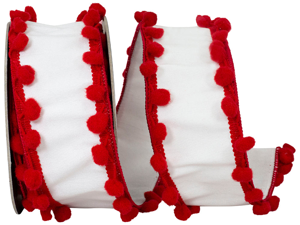 White Red 2-1 2 Inch Pom Pom Edge Trimming Dupioni Deluxe Wired Edge Ribbon for Wreaths & Bows