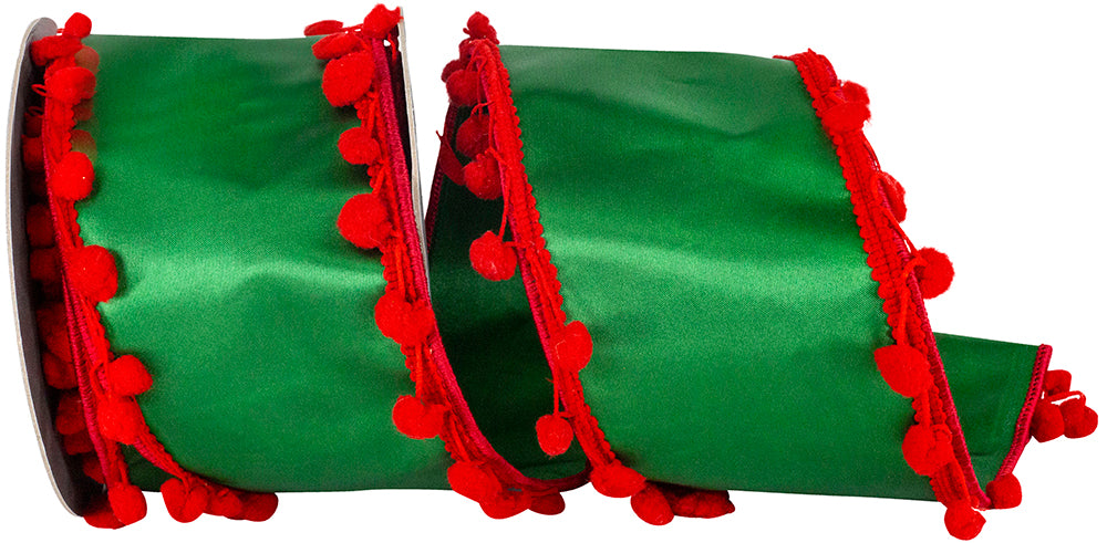 Holiday 4 Inch Pom Pom Edge Trimming Dupioni Deluxe Wired Edge Ribbon for Wreaths & Bows