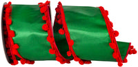 Holiday 4 Inch Pom Pom Edge Trimming Dupioni Deluxe Wired Edge Ribbon for Wreaths & Bows