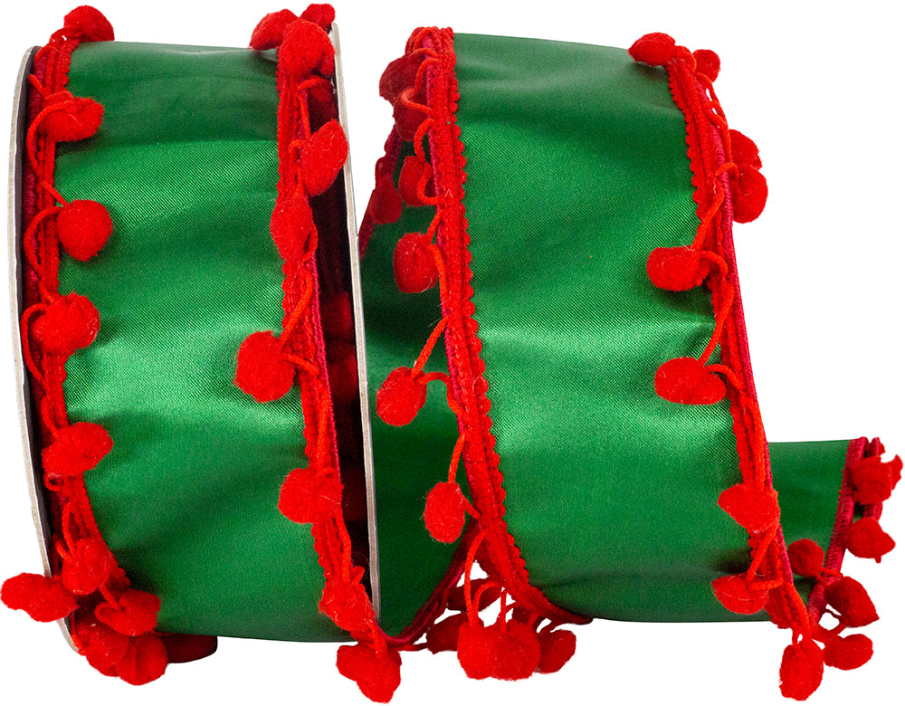 Holiday 2-1 2 Inch Pom Pom Edge Trimming Dupioni Deluxe Wired Edge Ribbon for Wreaths & Bows