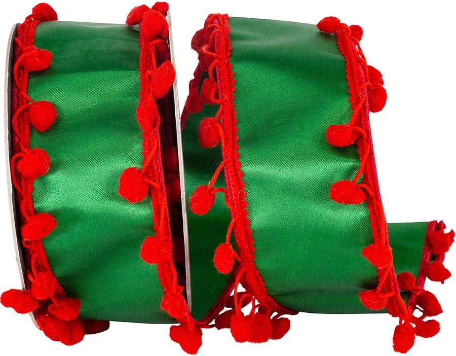 Holiday 2-1 2 Inch Pom Pom Edge Trimming Dupioni Deluxe Wired Edge Ribbon for Wreaths & Bows