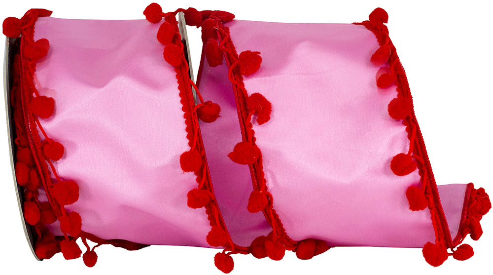 Pink Red 4 Inch Pom Pom Edge Trimming Dupioni Deluxe Wired Edge Ribbon for Wreaths & Bows