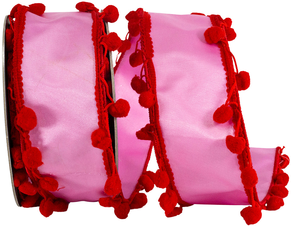 Pink Red 2-1 2 Inch Pom Pom Edge Trimming Dupioni Deluxe Wired Edge Ribbon for Wreaths & Bows