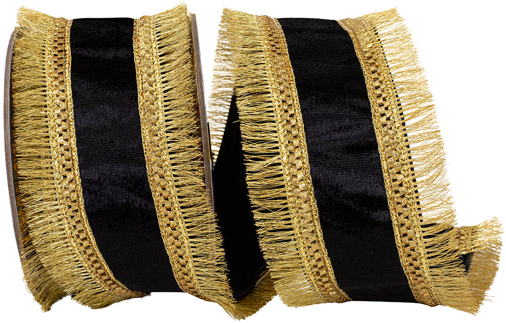 Black Gold 2-1 2 Inch Plush Black Velvet Regal Trimming Fringe Deluxe Overlay Wired Edge Ribbon for Wreaths & Bows