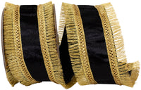 Black Gold 2-1 2 Inch Plush Black Velvet Regal Trimming Fringe Deluxe Overlay Wired Edge Ribbon for Wreaths & Bows