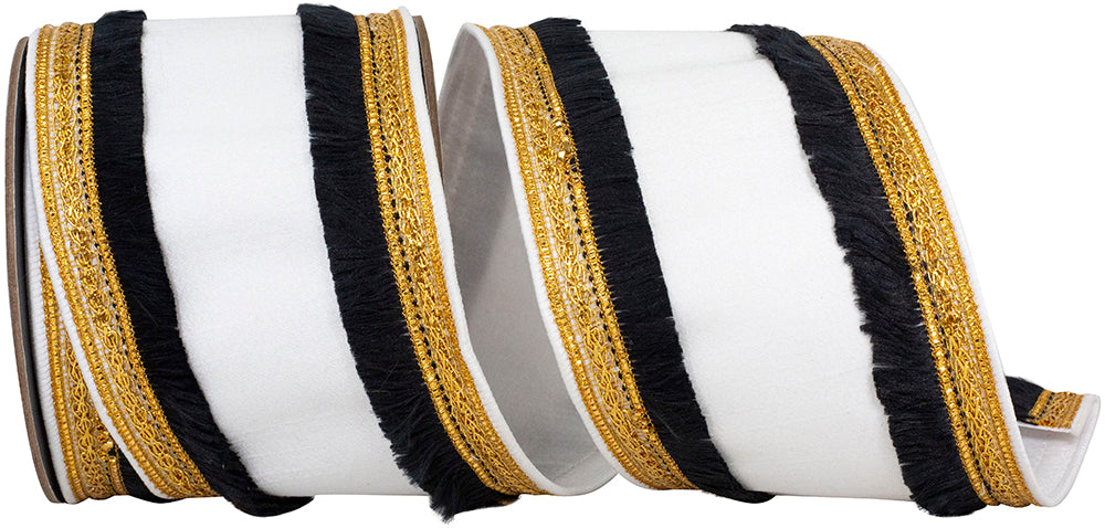Black White 4 Inch Dupioni Fringe Trimming Color Deluxe Wired Edge Ribbon for Wreaths & Bows