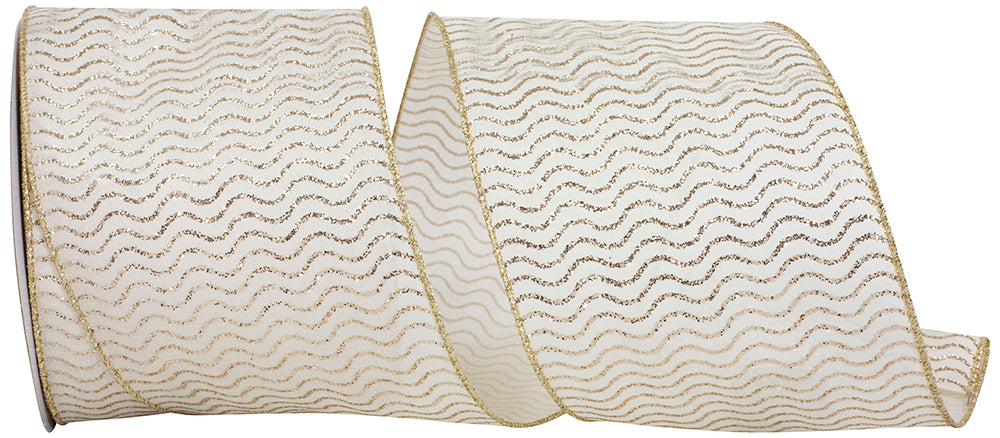 Glitter Waves Wired Edge Ribbon 4 Inch Ivory Gold
