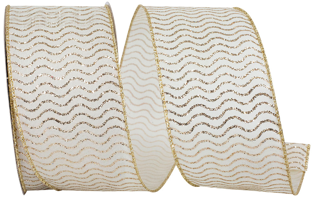 Glitter Waves Printed Wired Edge Ribbon Ivory Gold 2-1/2 Inch