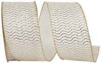Glitter Waves Printed Wired Edge Ribbon Ivory Gold 2-1/2 Inch