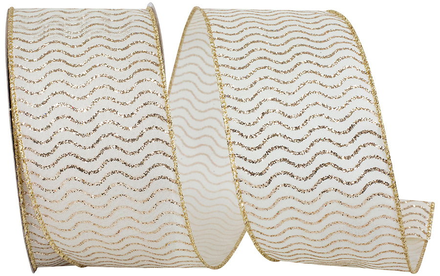 Glitter Waves Printed Wired Edge Ribbon Ivory Gold 2-1/2 Inch