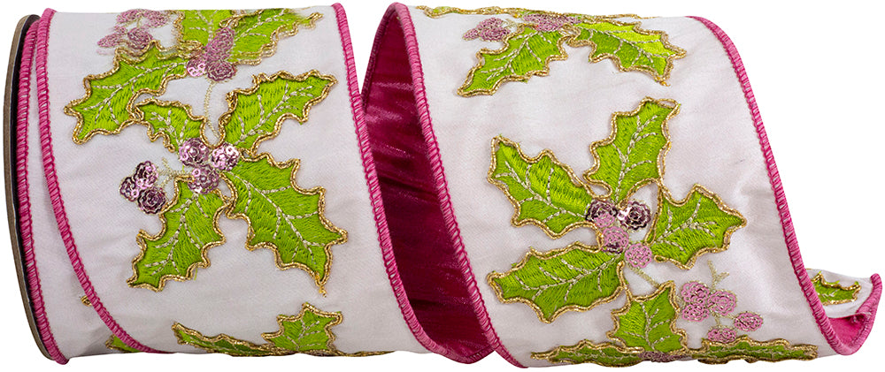 Holly Leaves Embroidery Ribbon 4 Inch Hot Pink 5 Yards