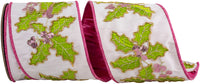 Holly Leaves Embroidery Ribbon 4 Inch Hot Pink 5Yds