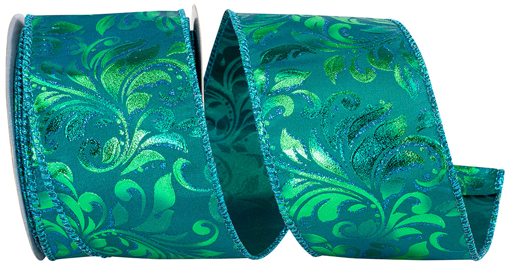 Teal Wired Edge Ribbon 2-1/2 Inch Leaf Scroll 10 Yards