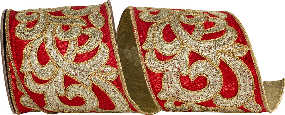 Red 4 Inch Metallic Dupioni Wired Edge Ribbon for Bows