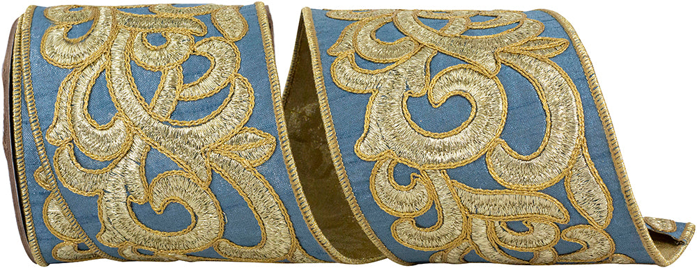 Scroll Embroidery Metallic Dupioni Wired Edge Ribbon 4 Inch