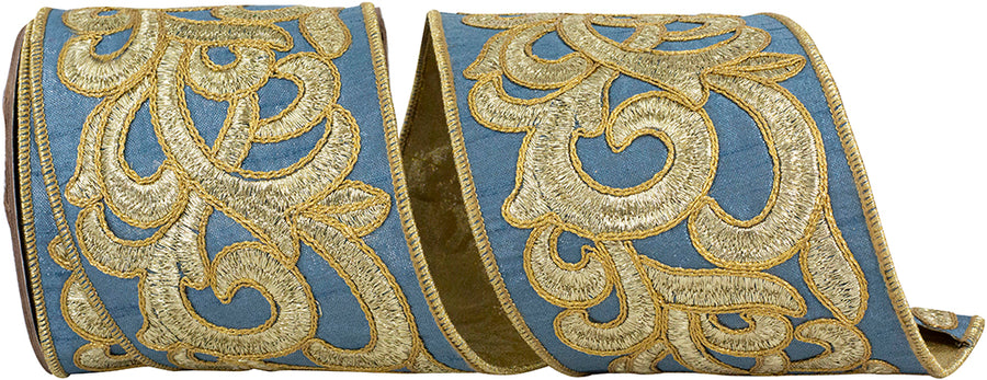 Scroll Embroidery Metallic Dupioni Wired Edge Ribbon 4 Inch