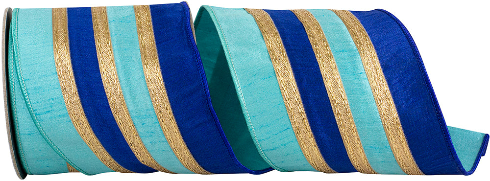 Blue 4 Inch Stripe Trimming Overlay Dupioni Deluxe Wired Edge Ribbon for Wreaths & Bows