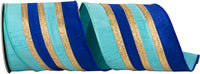 Blue 4 Inch Stripe Trimming Overlay Dupioni Deluxe Wired Edge Ribbon for Wreaths & Bows