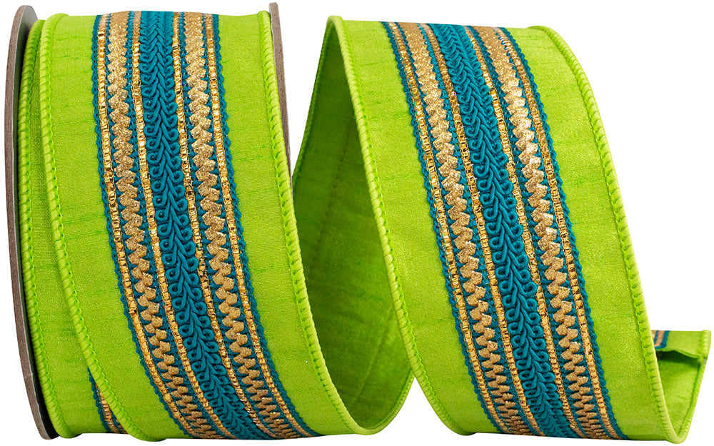 Lime Turquoise 2-1 2 Inch Regal Stripe Turquoise Trimming Dupioni Deluxe Wired Edge Ribbon for Wreaths & Bows