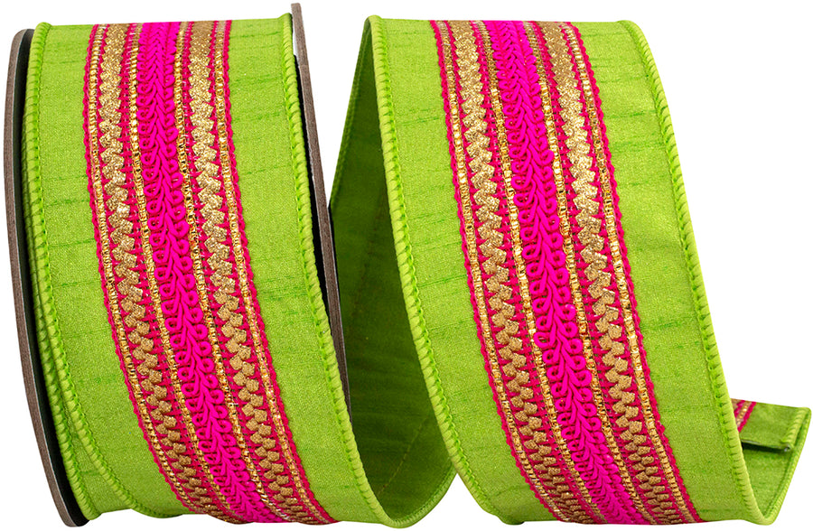 Lime Fuchsia 2-1 2 Inch Regal Stripe Fuchsia Trimming Dupioni Deluxe Wired Edge Ribbon for Wreaths & Bows