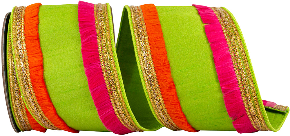 Lime 4 Inch Dupioni Orange Fuchsia Trimming Fringe Color Deluxe Wired Edge Ribbon for Wreaths & Bows